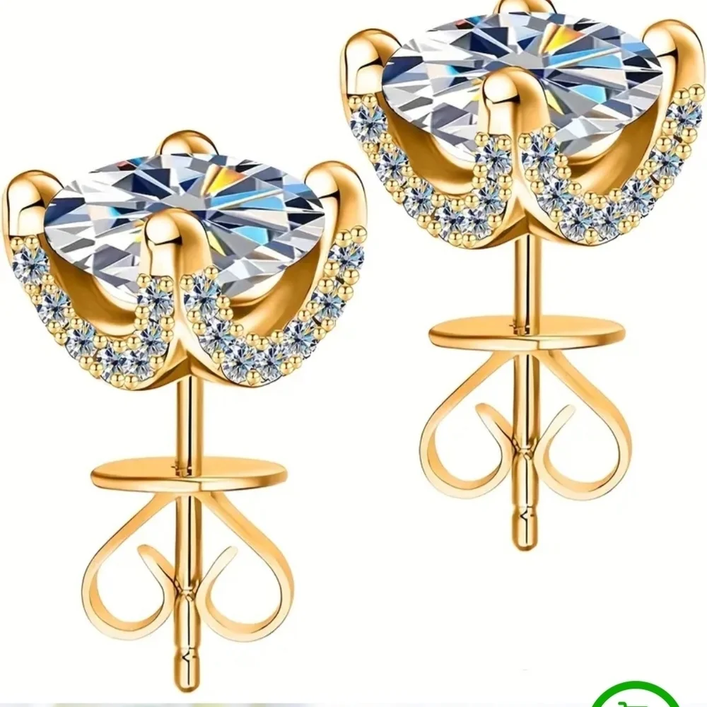 Moissanite 18kt Plated Gold .925 Silver Stud Earrings Unisex W Screw On Backing.